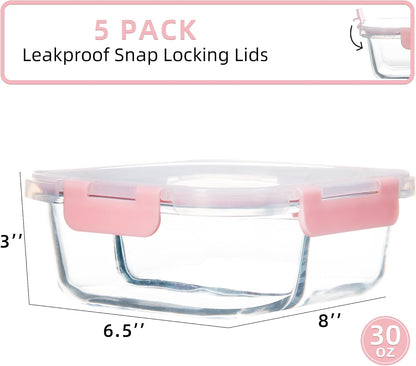 5 Pack 30oz Glass Meal Prep Containers - 2 Compartment Glass Food Storage Containers with Lids, Airtight Bento Boxes, Oven, Freezer & Dishwasher Safe