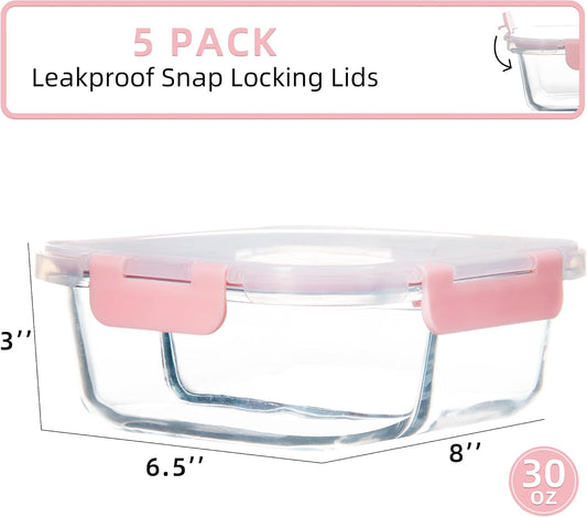 5 Pack 30oz Glass Meal Prep Containers - 2 Compartment Glass Food Storage Containers with Lids, Airtight Bento Boxes, Oven, Freezer & Dishwasher Safe