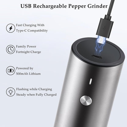 Electric Salt and Pepper Grinder, USB Rechargeable, Automatic Salt and Pepper Shaker, Adjustable Coarseness, Electric Pepper Mill, LED Light, Refillable, Kitchen Gadget (1-Pack, Stainless Steel)