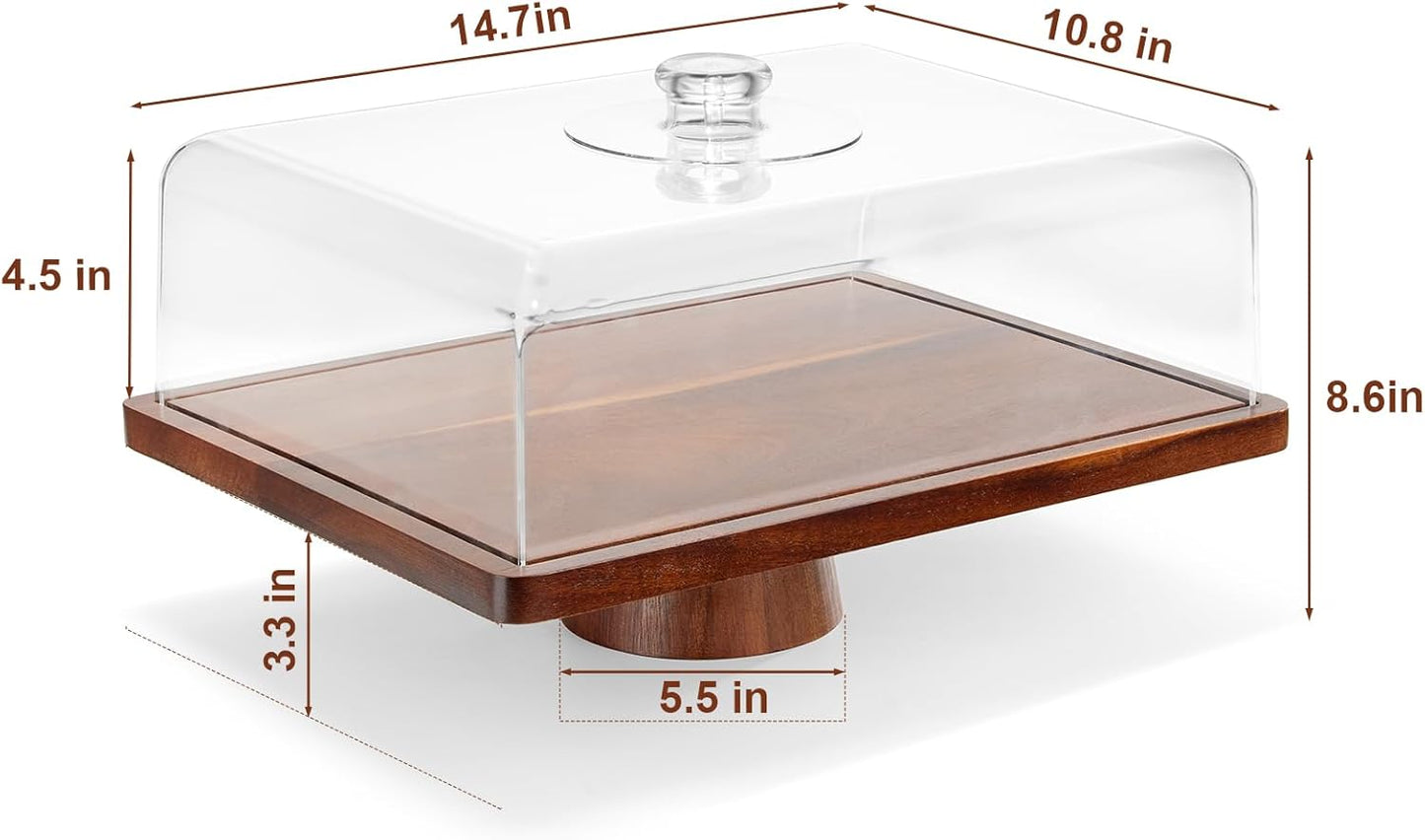 HouseJoy Acacia Wood Cake Stand with Lid-Extra Large 17" Rectangular Cake Holder,2-in-1 Dessert Table Display Set & Charcuterie Board,Acrylic Cake Dome Cover for Cheese/Veggie/Desert /Chips & Dip
