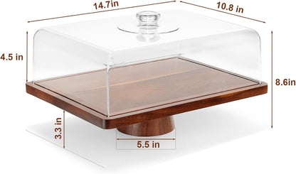 HouseJoy Acacia Wood Cake Stand with Lid-Extra Large 17" Rectangular Cake Holder,2-in-1 Dessert Table Display Set & Charcuterie Board,Acrylic Cake Dome Cover for Cheese/Veggie/Desert /Chips & Dip