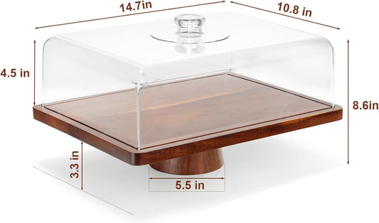 HouseJoy Acacia Wood Cake Stand with Lid-Extra Large 17" Rectangular Cake Holder,2-in-1 Dessert Table Display Set & Charcuterie Board,Acrylic Cake Dome Cover for Cheese/Veggie/Desert /Chips & Dip