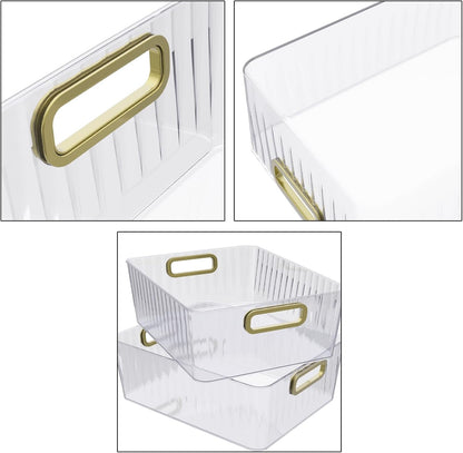 4 Packs Clear Plastic Storage Bins, Pantry, Home, Kitchen, Office, Cabinet, Shelf and Fridge Organizer Basket Bin with Handle