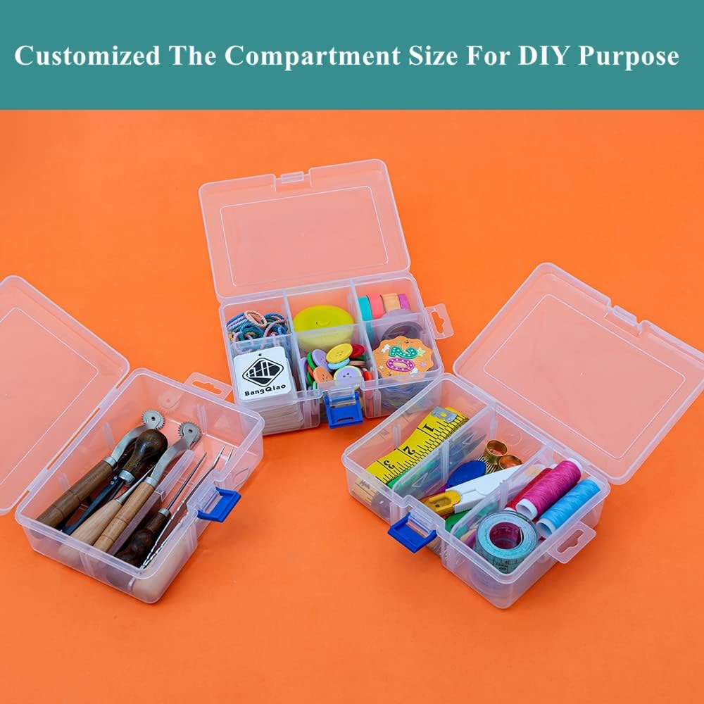 3 Pack Plastic Removable Divider Box and Storage Case for Small Parts, Hardware and Craft, 6 Grids, Clear