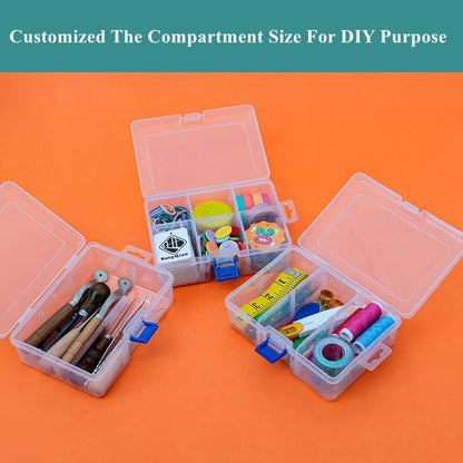 3 Pack Plastic Removable Divider Box and Storage Case for Small Parts, Hardware and Craft, 6 Grids, Clear