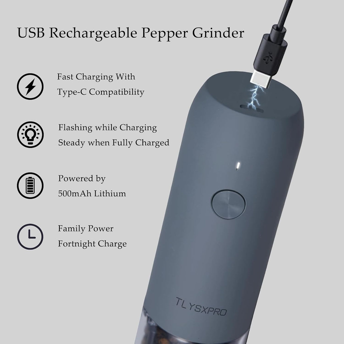 Electric Salt and Pepper Grinder, USB Rechargeable, Automatic Salt and Pepper Shaker, Adjustable Coarseness, Electric Pepper Mill, LED Light, Refillable, Kitchen Gadget (1-Pack, Stainless Steel)