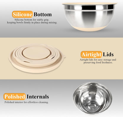 20-Piece Mixing Bowls Set with Airtight Lids – 6 Stainless Steel Kitchen Bowls (4.5QT, 4QT, 3.5QT, 2.1QT, 1.5QT, 1.1QT), 3 Grater Attachments, Non-Slip Silicone Bottoms, Perfect for Baking & Serving