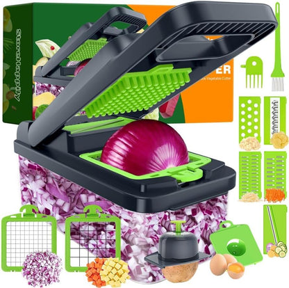 12-in-1 Vegetable Chopper 7 Blades, Veggie Cutter with Handle, Black/White