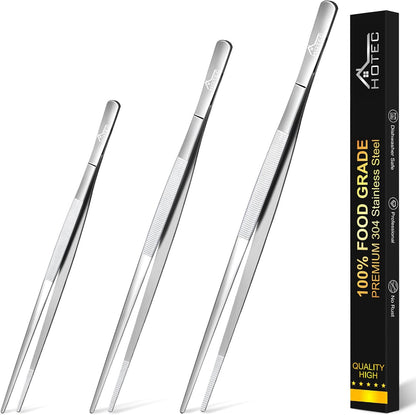 HOTEC Kitchen Tweezers Tongs Stainless Steel Professional Chef Tweezers, Set of 3-6.3", 10" and 12inch Food Tongs for Cooking, Repairing, Dessert, BBQ, Meat, Pasta