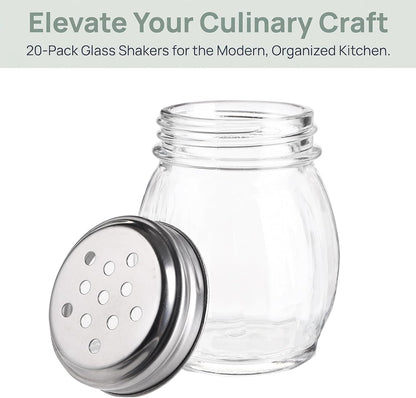 Nicunom 20 Pack 6 Oz Spices Shaker with Perforated Stainless Steel Lid, Swirl Glass Parmesan Cheese Shaker with Slotted Caps, Salt and Pepper Shakers Set, Seasonings Spice Retro Style Dispensers