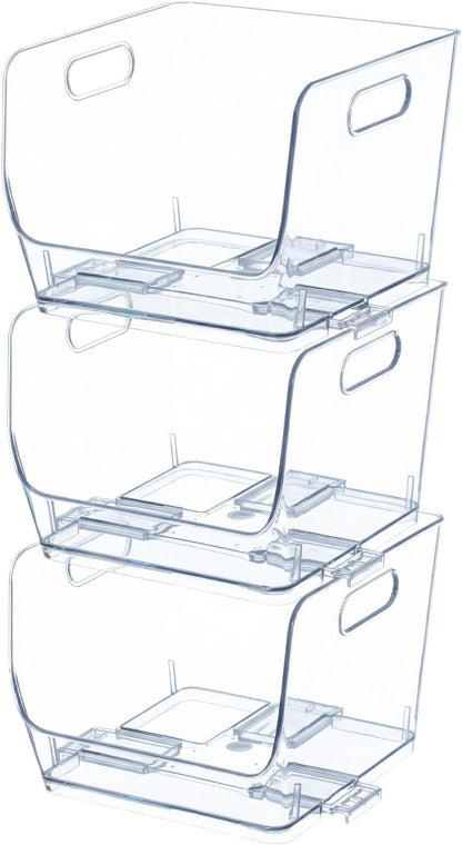 Basicwise 9-Inch Open-Front Clear Storage Bin with Easy-Grip Handle Stackable Transparent Plastic Organizer Container for Pantry Cabinet Refrigerator Drawers Closets and Shelf Organization, Medium
