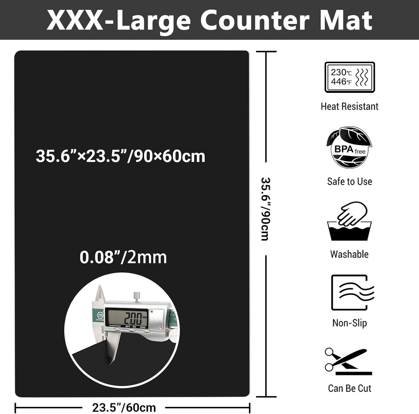 Ewen 25.6x17.7in Large Silicone Kitchen Counter Mat, 2mm Thick Heat Resistant Countertop Protector, Baking Silicone Mat under Air Fryer Toaster Oven Microwave Coffee Maker Cutting Board Drill Black