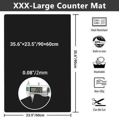 Ewen 25.6x17.7in Large Silicone Kitchen Counter Mat, 2mm Thick Heat Resistant Countertop Protector, Baking Silicone Mat under Air Fryer Toaster Oven Microwave Coffee Maker Cutting Board Drill Black