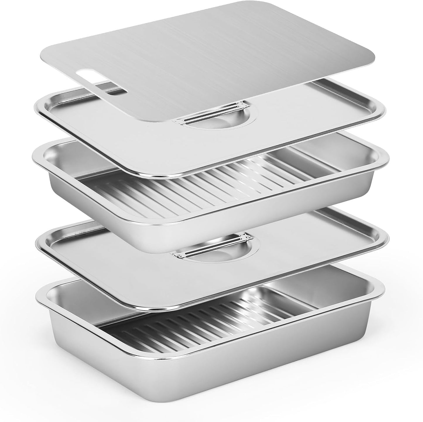 Grill Prep Trays Sets of 5, Stainless Steel Large Capacity Grilling Prep and Serve Trays Set, Marinade Containers with Lids, and Cutting Board, BBQ Grill Trays Accessories Gifts for Men