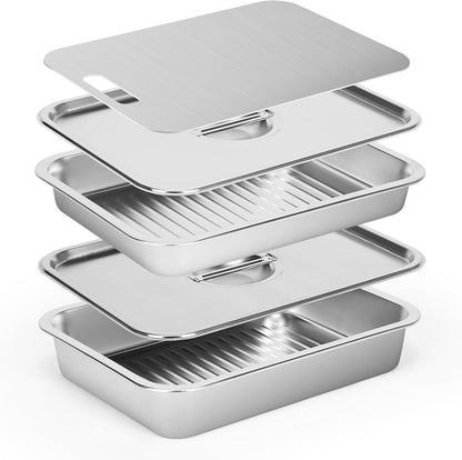 Grill Prep Trays Sets of 5, Stainless Steel Large Capacity Grilling Prep and Serve Trays Set, Marinade Containers with Lids, and Cutting Board, BBQ Grill Trays Accessories Gifts for Men