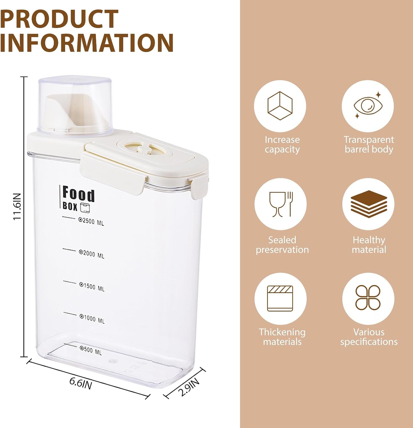 2800ml sealed food storage container with dumping outlet and handle, 2 transparent plastic kitchen grain distributors, suitable for grains, snacks, beans and flour.
