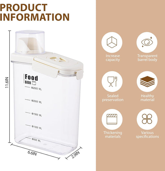 2800ml sealed food storage container with dumping outlet and handle, 2 transparent plastic kitchen grain distributors, suitable for grains, snacks, beans and flour.