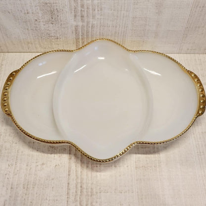 Fire King Anchor Hocking Milk Glass Relish Tray Divided Dish with Gilded Trim