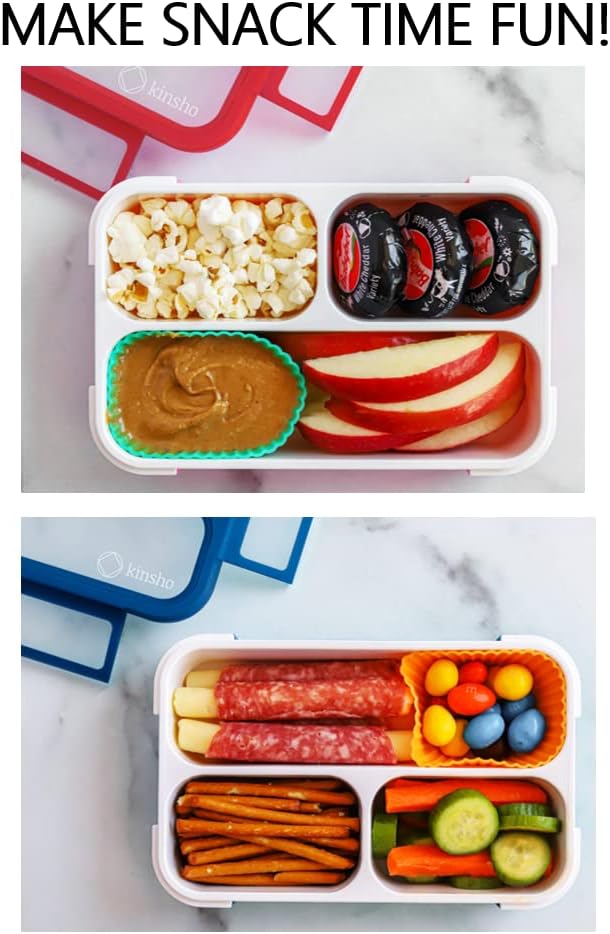 Small Snack Containers for Kids Toddlers - 3 Compartments (Set of 2) - Leak-Proof Reusable Boxes with Lids - BPA-Free Plastic Mini Bento Lunch Box - Holds 2 Cups Capacity (Pastel Blue+Teal Sparkle)