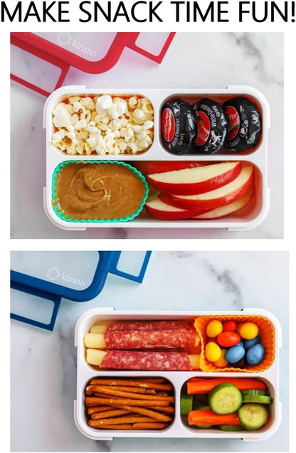 Small Snack Containers for Kids Toddlers - 3 Compartments (Set of 2) - Leak-Proof Reusable Boxes with Lids - BPA-Free Plastic Mini Bento Lunch Box - Holds 2 Cups Capacity (Pastel Blue+Teal Sparkle)