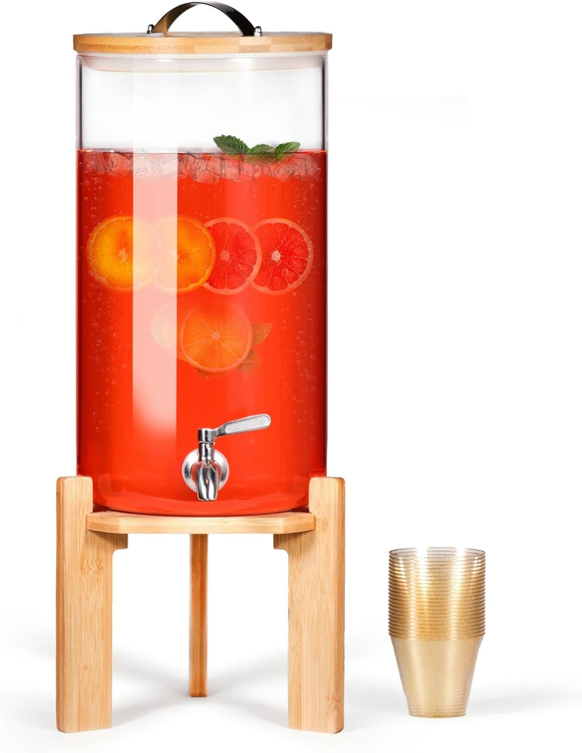 Glass Beverage Dispenser with Bamboo Stand and Lid, Iced 2.1 Gallon Drink Server with Spigot, Large Thick Glass Drink Dispenser for Parties, Hotels, Restaurants, Homes