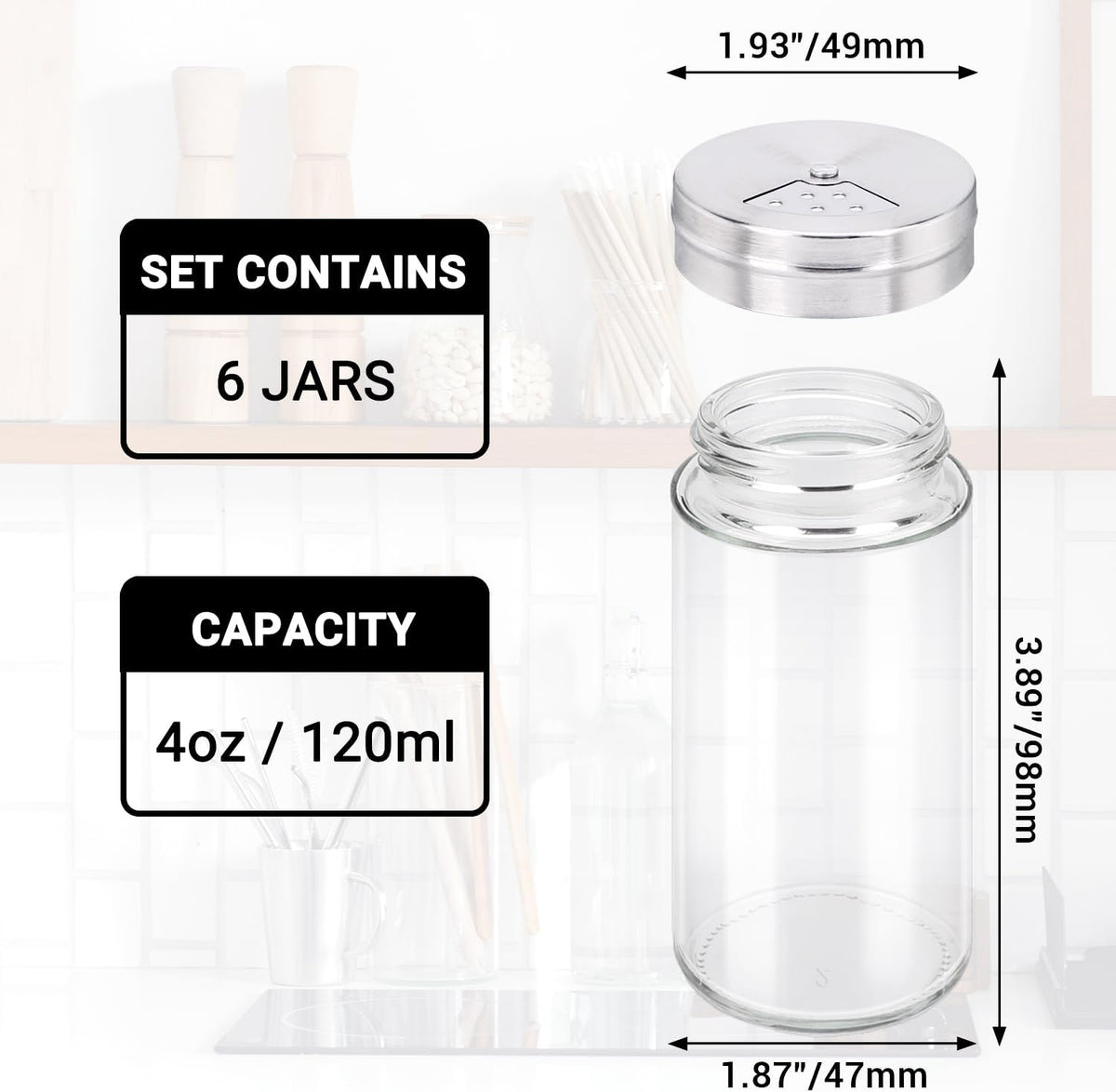 Segarty Spice Jars, 3 oz Spice Bottles with Shaker Lids, Glass Empty Seasoning Containers with Adjustable Pour Holes for Kitchen Spice Storage Stainless Steel Flow Top Salt and Pepper Shakers