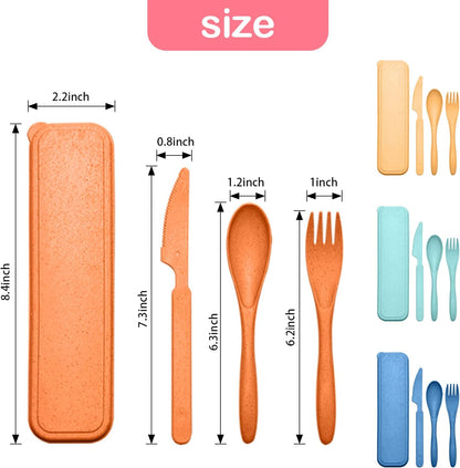 Reusable Travel Utensils Set with Case, 4 Sets Wheat Straw Portable Knife Fork Spoons Tableware, Eco-Friendly BPA Free Cutlery for Kids Adults Picnic Camping Utensils(Green, Beige, Pink, Blue)