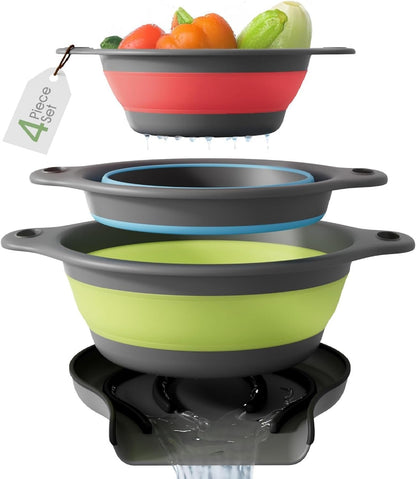 Gevoli 3-Pack Collapsible Colanders with Self-Draining Base, Over Sink-edge Silicone Food Strainers, Small/Med/Large Sizes, Nesting for Easy Compact Storage (3Qt, 4Qt, 5-Quart Set) Green/Gray