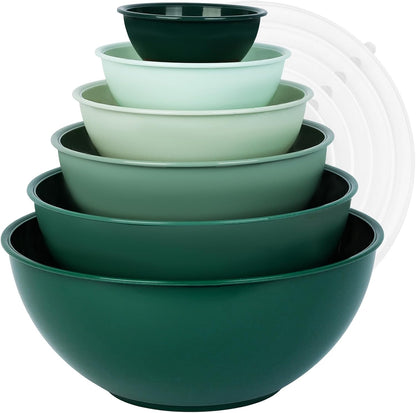 BoxedHome BPA Free Plastic Round Mixing Bowl with Lids, 12 Pack Nesting Bowls with Lids Set, Microwave and Dishwasher Safe Prep & Serving Bowls Great for Mixing, Baking, Serving (pinkish green, 12pcs)