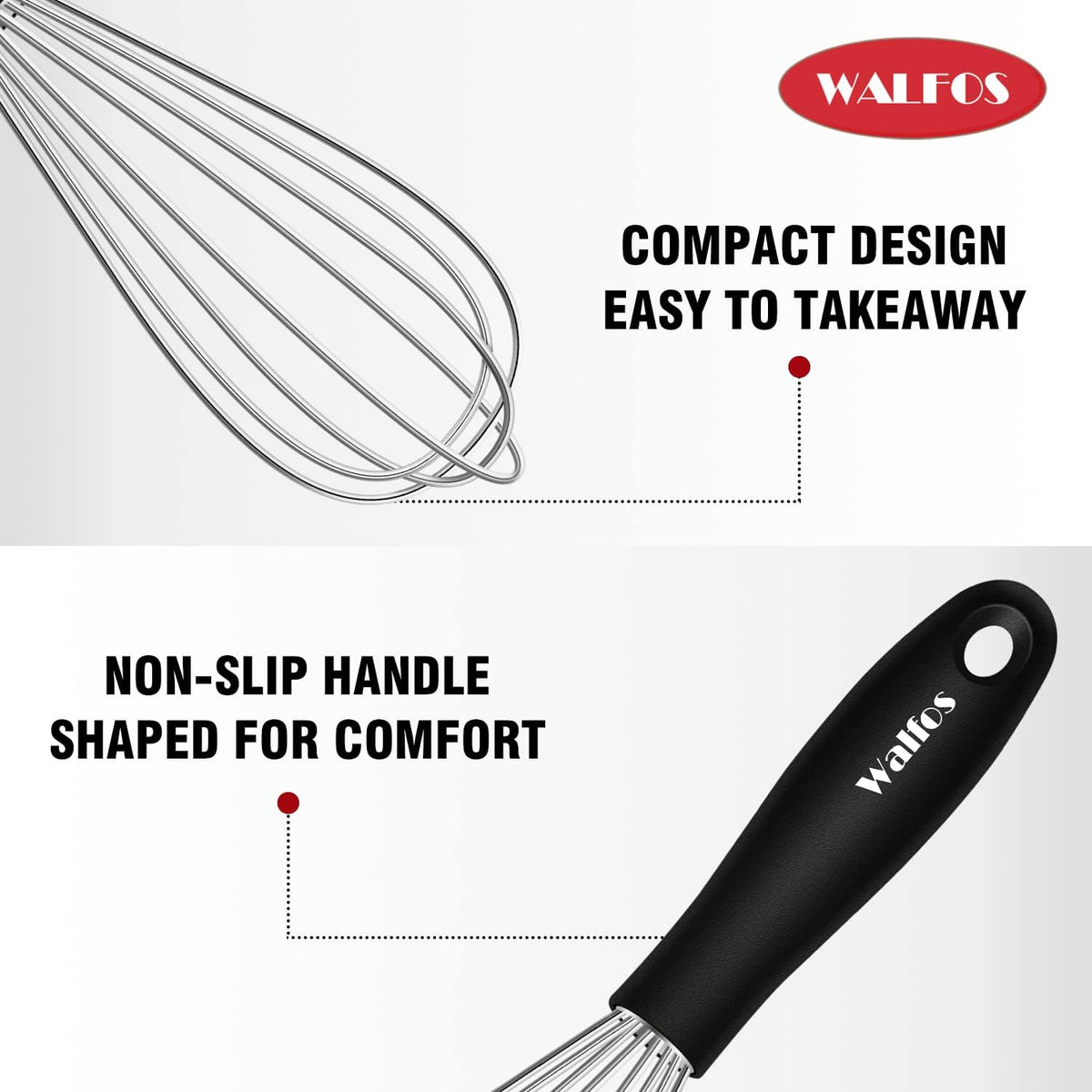 Walfos Silicone Whisk,Stainless Steel Wire Whisk -Heat Resistant 480°F Kitchen Whisks for Non-stick Cookware,Balloon Egg Beater Perfect for Blending,Whisking,Beating,Frothing & Stirring,Black