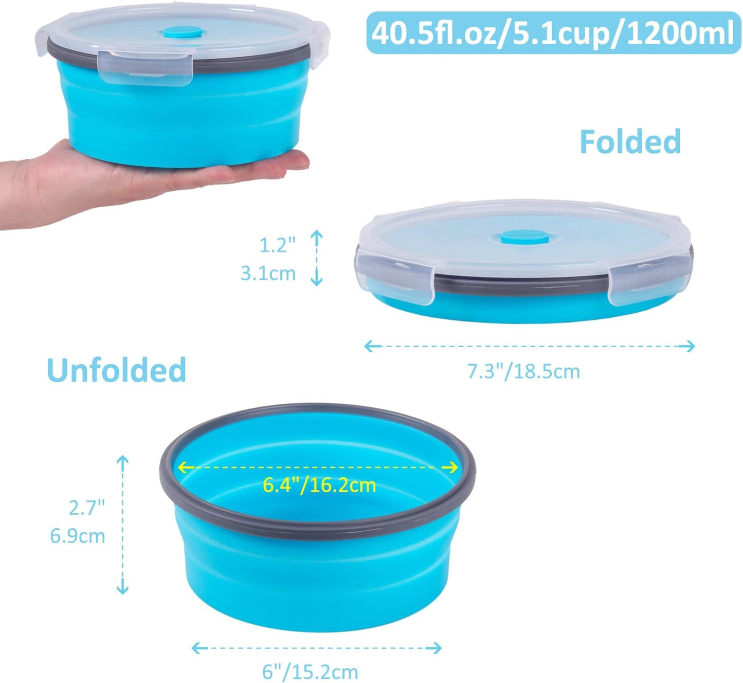 Collapsible Food Storage Containers with Lids, 4 Pack, 40 oz Silicone 1-Compartment Meal Prep Containers Reusable, Lunch Bento Boxes for Adults, Microwave Freezer Dishwasher Safe, BPA-Free, Black