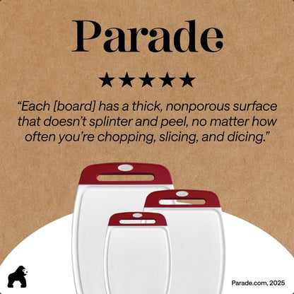GORILLA GRIP BPA-Free Reversible Kitchen Cutting Board Set of 3, US Designed, Nonporous, Juice Grooves Catch Liquid, Slip Resistant Border, Dishwasher Safe, Durable Large Food Chopping Boards, Black