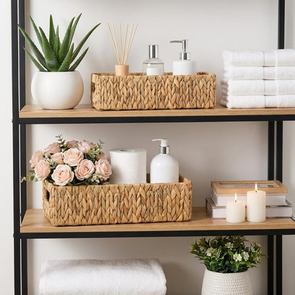 Eorbow 2 Pack Wicker Storage Baskets, Water Hyacinth Holder for Toilet Paper, Rectangular Natural Bins with Built-in Handles, Handwoven Organizer for Bathroom Kitchen Pantry Tank Top, 2 Sizes