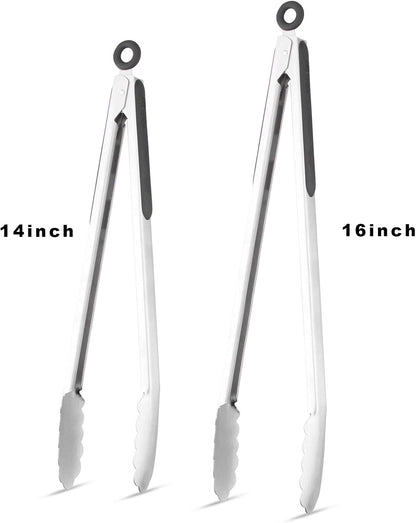 304 Stainless Steel Kitchen Cooking Tongs, 9" and 12" Set of 2 Sturdy Grilling Barbeque Brushed Locking Food Tongs with Ergonomic Grip, Black