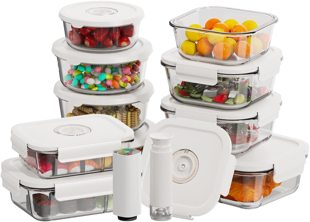 HOLDN’ STORAGE Vacuum Food Storage Containers, Set of 8 Glass Containers & Electronic Pump - Keep Food Fresh Longer, BPA-Free Glass, Leak-Proof, Ideal for Meal Prep, Marinating