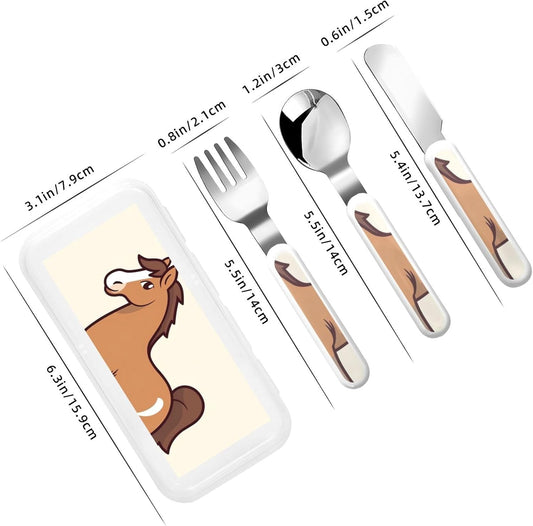 Stainless Steel Kids Silverware Set, Simple Horse Cartoon Utensil Set Reusable Children Safe Knife Spoon Fork Set With Storage Case Dishwasher Safe For Lunch, Travel Outdoors