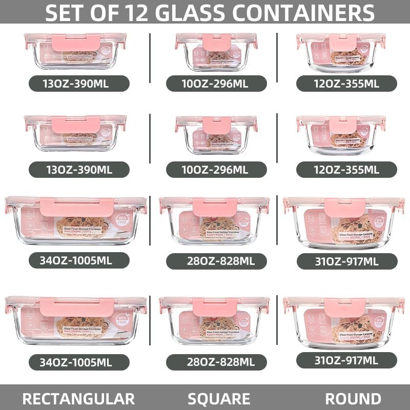 12 Pack Glass Storage Containers Transparent, Stackable Design Meal Prep Containers for Food Storage, Home, Kitchen & Pantry Organization, Microwave/Freezer/Dishwasher Safe