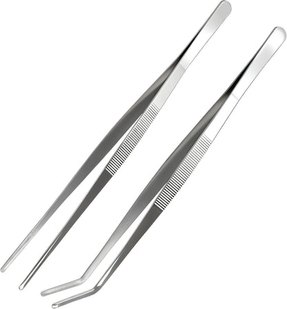 Stainless Steel Tweezers Tongs Set of 2, Kitchen Cooking Utensils, Straight and Bent Tip 11.8″ for Serving, Chef Tools