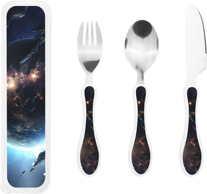 3-Piece Kids Silverware Set With Storage Case, Stainless Steel Reusable Children Safe Knife Spoon Fork Set Beach House Children Flatware Set For Kids Lunch Box