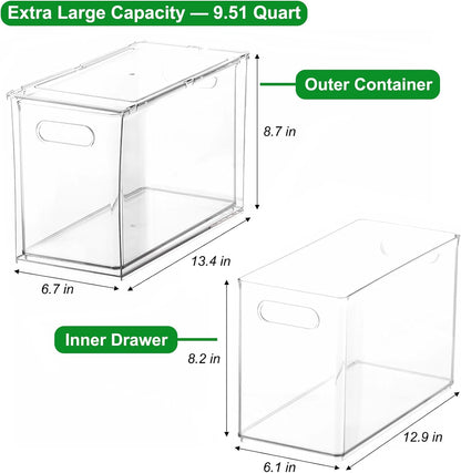 Taiuloo 2 Pack Stackable Refrigerator Organizer Bins with Pull-Out Drawer, Clear BPA-Free Food Storage Containers for Fridge Freezer, Kitchen Pantry Cabinet & Bathroom Vanity Organization