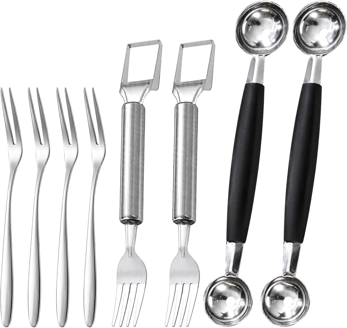 8PCS Melon Baller Scoop Set, Watermelon Slicer Cutter Tool with Fruit Fork, Stainless Steel Kitchen Utensil Set for Fruit Preparation, Includes 4 Fruit Forks and 4 Watermelon Slicers