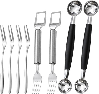 8PCS Melon Baller Scoop Set, Watermelon Slicer Cutter Tool with Fruit Fork, Stainless Steel Kitchen Utensil Set for Fruit Preparation, Includes 4 Fruit Forks and 4 Watermelon Slicers
