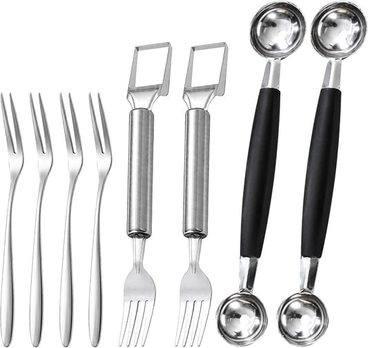 8PCS Melon Baller Scoop Set, Watermelon Slicer Cutter Tool with Fruit Fork, Stainless Steel Kitchen Utensil Set for Fruit Preparation, Includes 4 Fruit Forks and 4 Watermelon Slicers