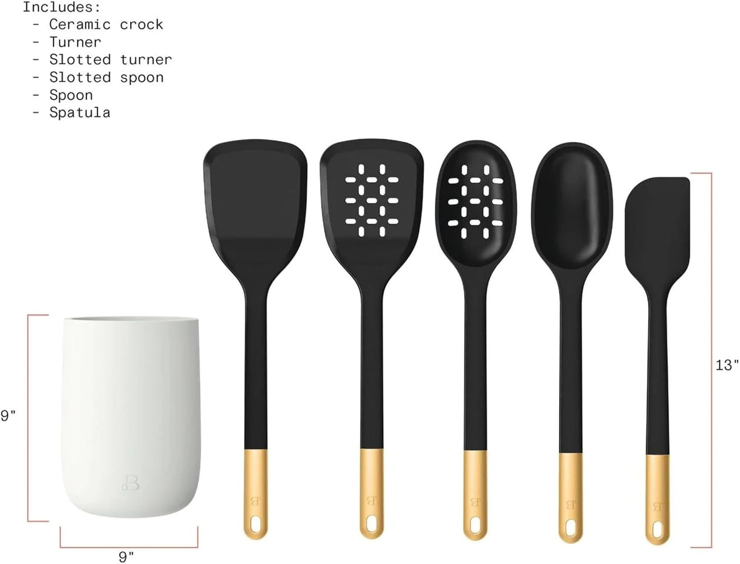 6 Piece Silicone Kitchen Utensil Set with Holder, Heat Resistant Cooking Tools, Nonstick Safe Spatula Spoon Turner Set with Ceramic Storage Crock