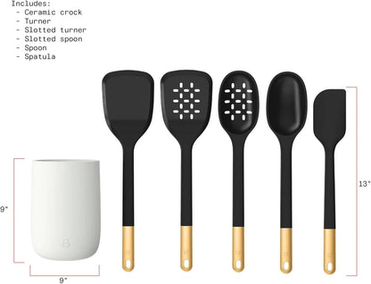 6 Piece Silicone Kitchen Utensil Set with Holder, Heat Resistant Cooking Tools, Nonstick Safe Spatula Spoon Turner Set with Ceramic Storage Crock