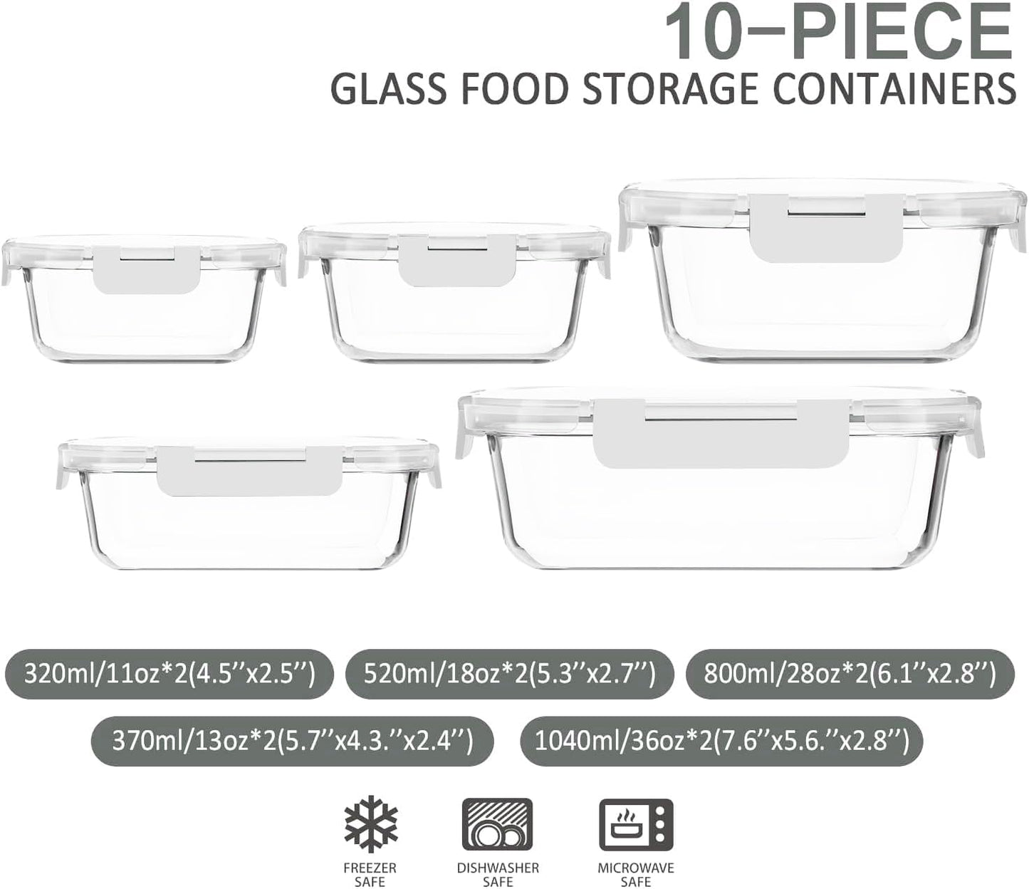 M MCIRCO 10-Pack Glass Food Storage Container with Lids, Airtight Lunch Bento Boxes, Glass Meal Prep Container,Microwave, Oven, Freezer and Dishwasher Friendly
