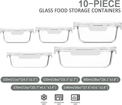 M MCIRCO 10-Pack Glass Food Storage Container with Lids, Airtight Lunch Bento Boxes, Glass Meal Prep Container,Microwave, Oven, Freezer and Dishwasher Friendly