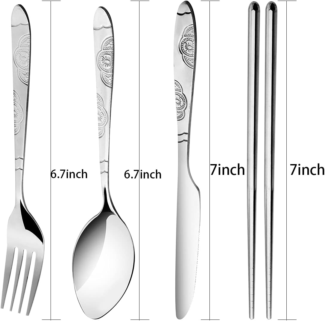 Arroyner 6 Pack Reusable Flatware Sets Knife, Fork, Spoon, Chopsticks, 24Pcs Portable Travel Stainless Steel Tableware Dinnerware with Carrying Case
