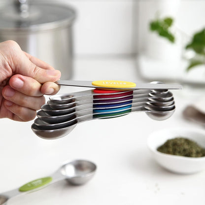 Spring Chef Stainless Steel Magnetic Measuring Spoons Set with Strong N45 Magnets, Heavy Duty Metal Kitchen Gadgets for Baking & Cooking, Fits in Most Kitchen Spice Jars, Set of 8 with Leveler, Black
