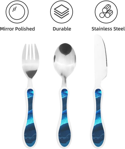 3-Piece Kids Silverware Set With Storage Case, Stainless Steel Reusable Children Safe Knife Spoon Fork Set Chinese Celadon Peacock Children Flatware Set For Kids Lunch Box